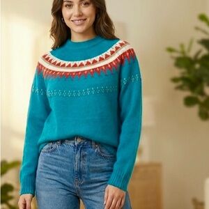 Vintage Mashiata Teal Crewneck Sweater with Fair Isle Yoke